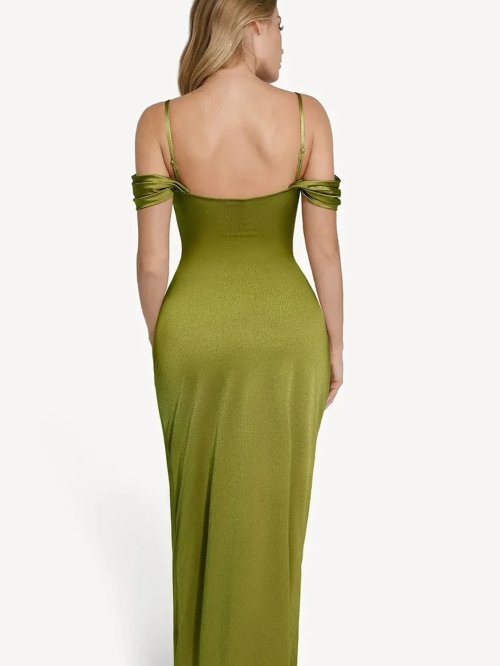 Off-Shoulder Olive Green Satin Evening Dress - Picture 3 of 5
